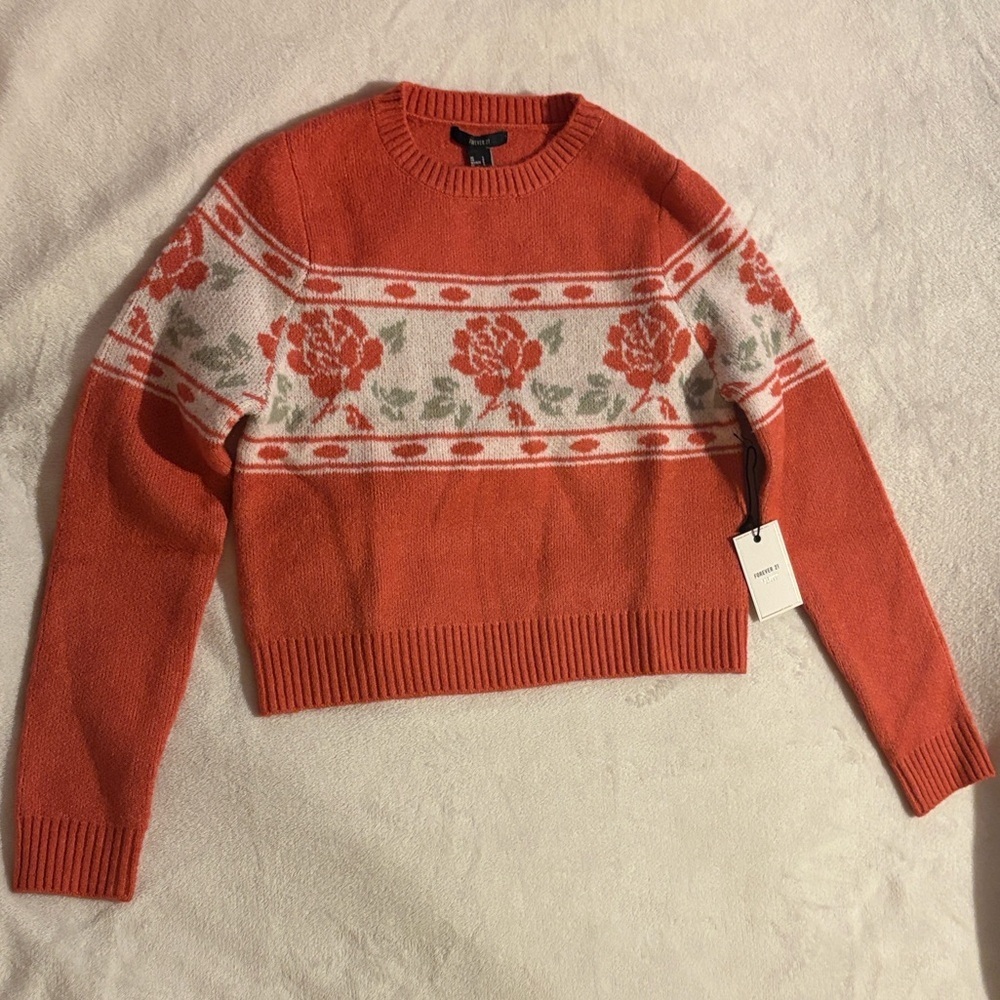 Forever 21 Red Floral Crew Neck Sweater